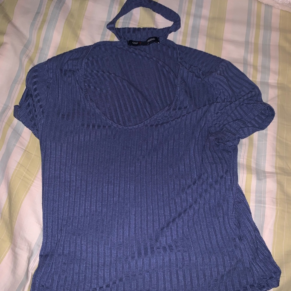 blue shirt with choker attached